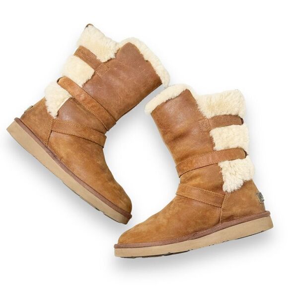 Ugg Women's Brown Suede Becket Mid Calf Pull On Winter Shearling Buckle Boots 7 - Picture 4 of 9